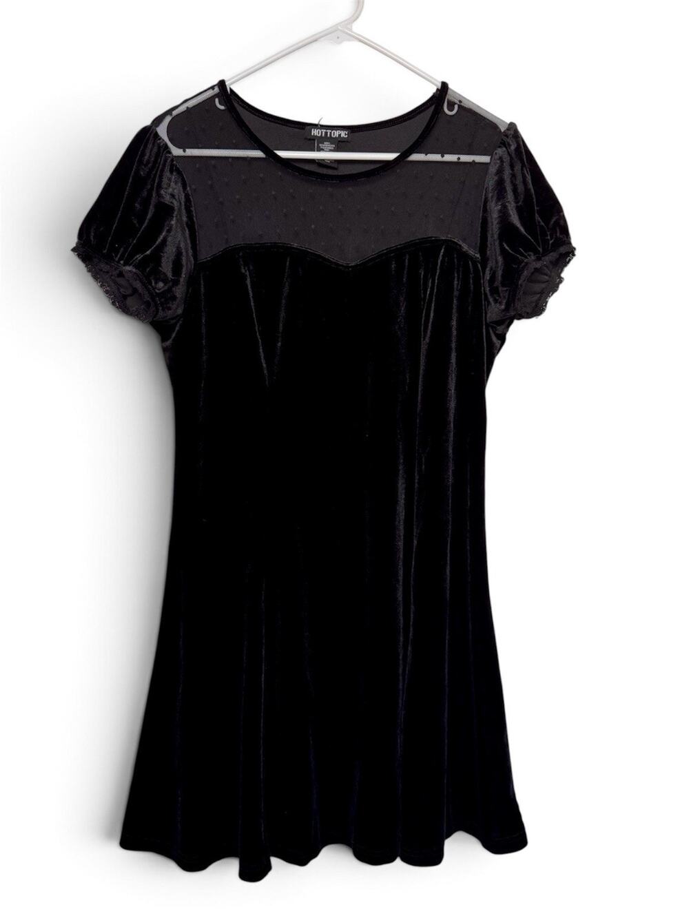 Hot Topic Black Velvet Dress Size M Swiss Dot Sheer Mesh Yoke Puff Sleeve